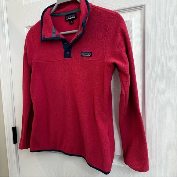 Patagonia Synchilla Snap Button Pullover Pink Fleece Navy Trim Womens Xsmall - Picture 2 of 8